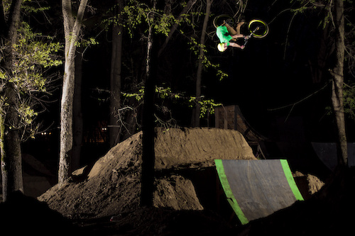 Night flatspin over the second jump in a line.
Photo by Alex Bivol