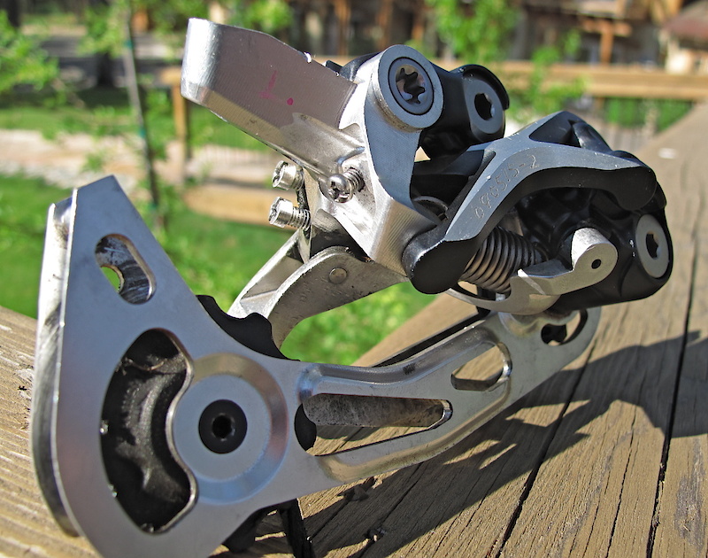 A functioning XTR derailleur prototype that was used to test A-arm geometry. This was one well used unit.