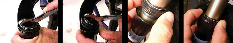While I didn't need to replace the seals on my fork, if you need to, follow the same dis-assembly procedure as stated above in order to remove the lowers. Once the lowers are off you can use an 18 mm open end wrench to pry the seal up and out of its bore, being careful not to score the inner surface of the leg. Don't worry about damaging the seals, you'll be replacing them anyway. Now remove the foam ring that was hidden under the seal. To install the new seals, first slide them up the stanchion tube, not into the fork lowers. This limits that chance of damaging the new seals during installation. After dipping the foam rings in your new oil, slide them up into position under the new seals. Now you can reinstall your lowers, sliding them up onto the stanchion tubes. Use your fingers to seat the new foam rings and seals into the seal bore. If the fit seems tight you can use a socket or another blunt tool on the seal's outer edge to push it in place. Never push on the dust wiper lip unless you want to buy another set of seals.