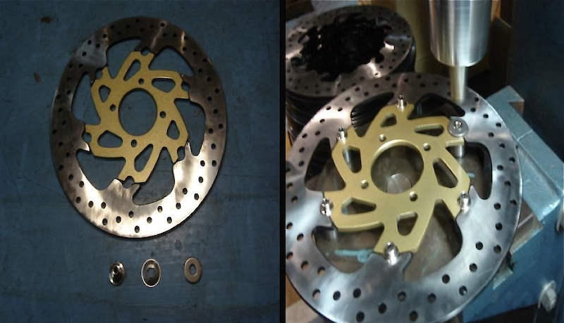 Two pieces become one when the steel braking surface is riveted to the aluminum carrier