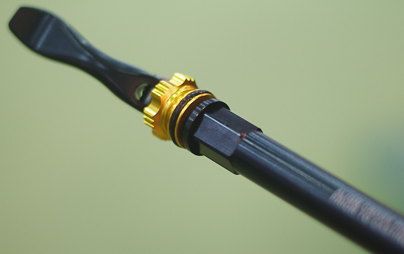 In this photo you can clearly see the hex shaped clamping zone of the QR15 HexLock axle. The opposite side features the same shape as well, and is said to better resist twisting motions than a traditional round axle.