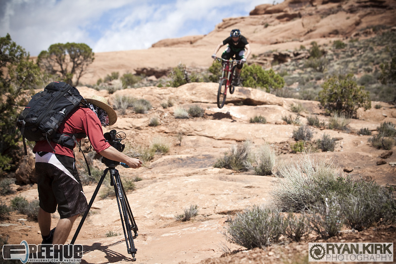 Filmer Chris Grundberg shooting rider Jon Angermeier in Moab, UT.