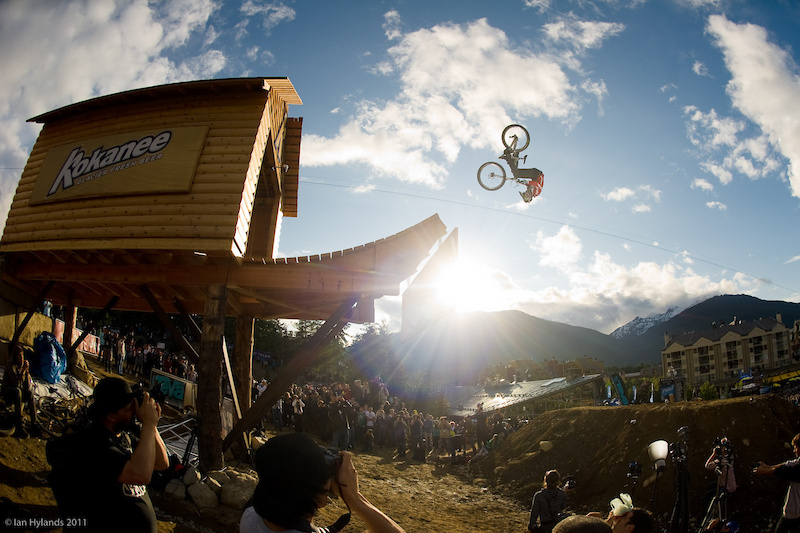 Cam Zink winning with a front flip off of the Kokanee Cabin during the Teva Best Trick contest at Crankworx