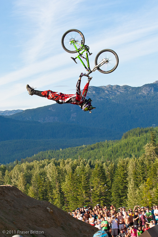Mike Montgomery. Upside down and laid out for a perfectly extended super flip on run 1. Somehow he only scored a 65 on this run and given his crash in run 2 he didn t advance.