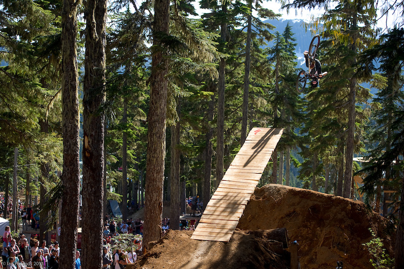 Justin Wyper with a front flip off of the boner log. He stuck it on his first run but couldn t land it on his second.