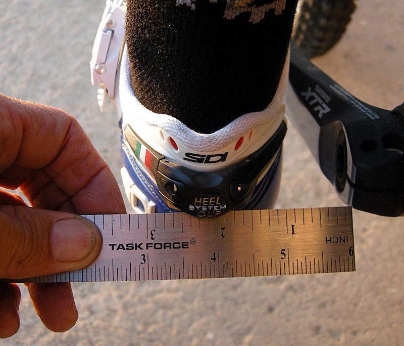 Set the crank at the forward 9-o clock position and measure the distance from the center of the crank arm to somewhere on the heel. Use this as a reference when you adjust the angle of the cleat. Make 1 4 inch 5mm adjustments to achieve best results.