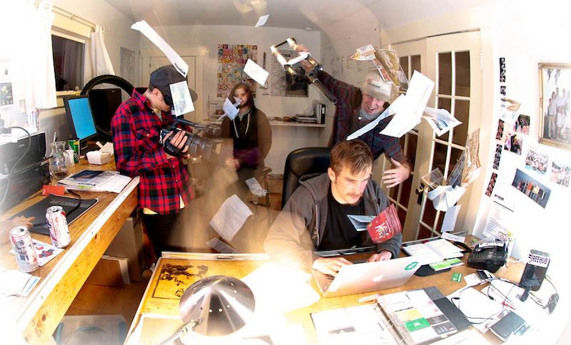 Brandon Watts, Jon Angermeier, Chris Grundberg, and Jordan Bergeson are only a few of the crew members that make up Freehub Media, and they're pictured here at the 'old' World Headquarters in Bellingham, WA.