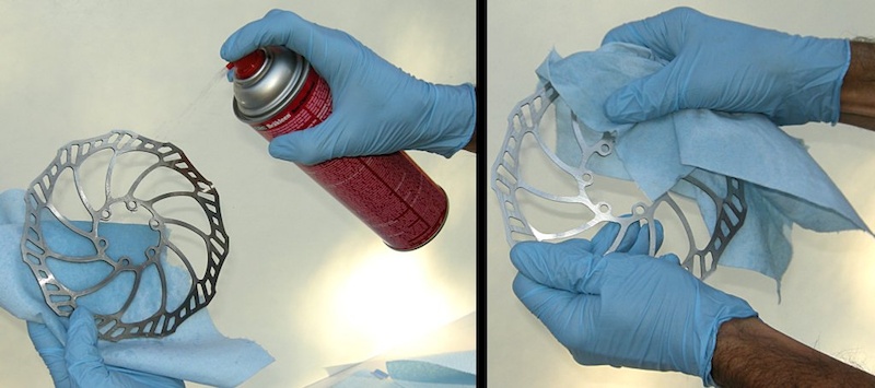 Get the gloves and protective eyewear on and then clean the rotor with a generous dose of automotive brake cleaner and then wipe with a shop towel. Repeat at least once more. NOTE The edges of brake rotors can become VERY sharp. Proceed with caution