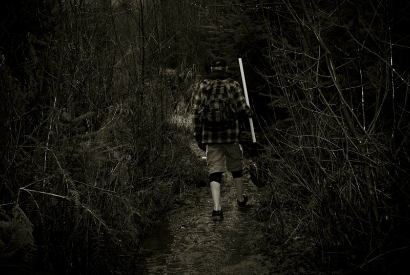hiking up the flooded trail