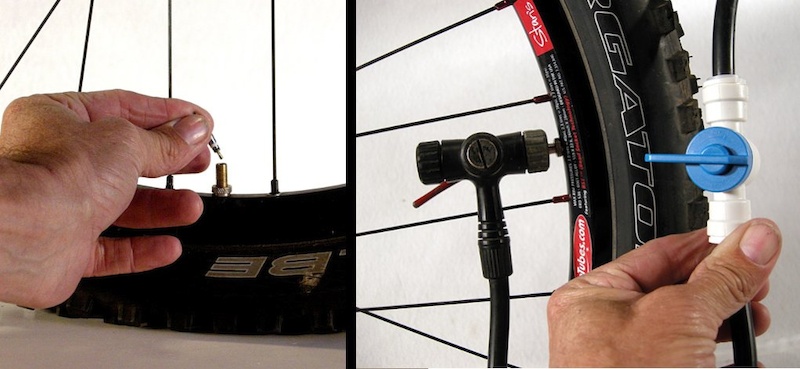remove valve cores then close in-line valve and connect hose to the host tire so you can pressurize it.