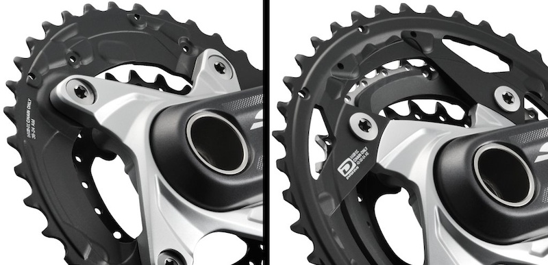 A closer look at the SLX crankset indicates that it may have an interchangeable spider. The two-by version left has a different spider than the triple crankset on the right. Torx hardware indicates that SLX chainring bolts are aluminum.