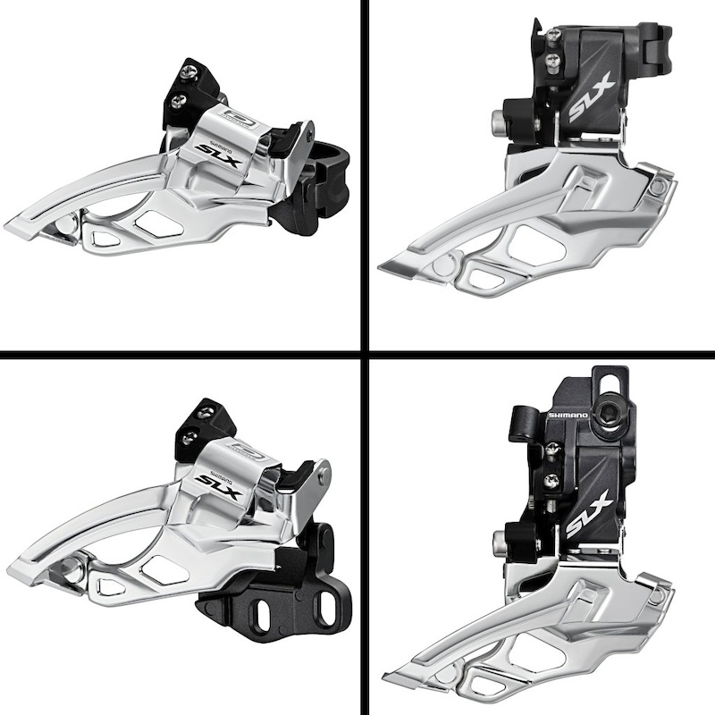 Shimano simplified its derailleur offerings with four SLX models two clamp types high and low mount and a high and low-mount version that bolt directly to the frame. The cage has been redesigned for rear suspension to shift the chain as it passes through a wider arc. The rear-facing bits of the SLX front changers have been narrowed to clear 29er tires and suspension linkage.
