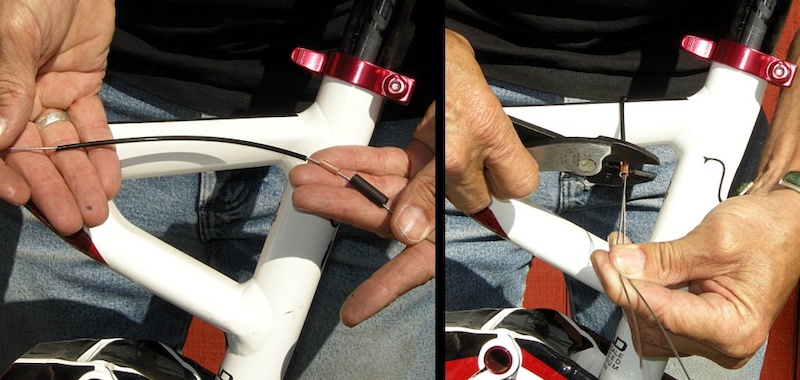 Slide all the parts onto the cable in this order so when you make the loop it will be correct. Slide the copper tub up against the liner and crimp the loop in place around the top tube.
