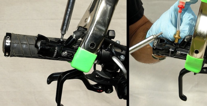 Remove bleed plug and screw in syringe