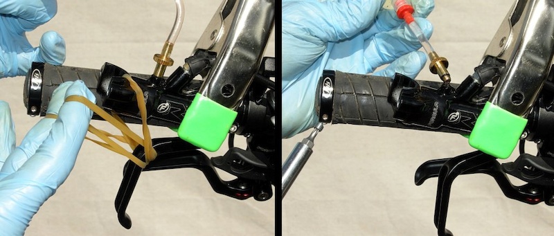 Release brake lever and fill bleed hole with fluid