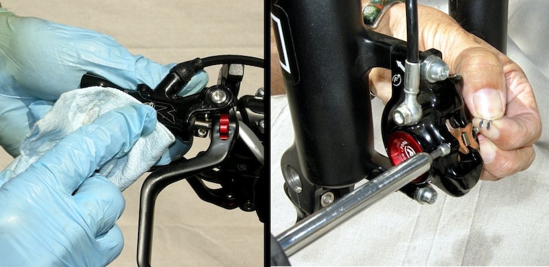 Clean system with alcohol and assemble brake pads with fresh gloves or clean hands