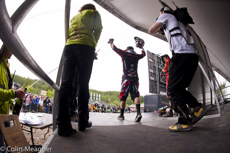 Gwin stepping out to take the top step on the box.