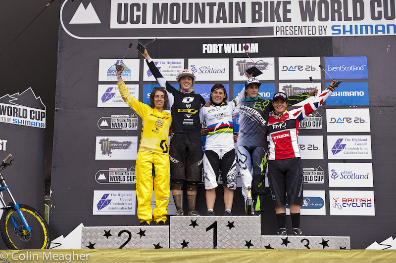 The Women s Podium L-R Florian Pugin 4 Rachel Atherton 2 Emmeline Ragot 1 Myriam Nicole 3 Tracy Mosely 5 .