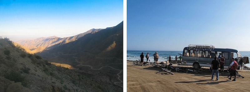 On our way up and at the bottom. We finished riding our bikes at the sea.