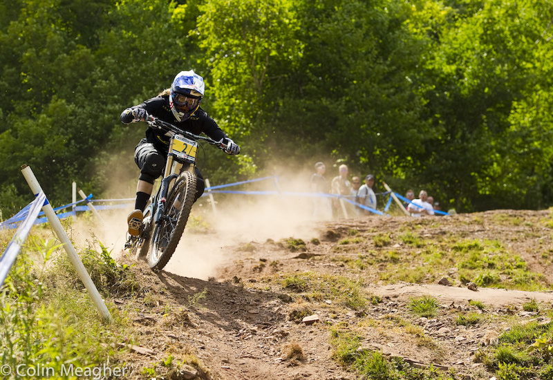 Rachel Atherton on track--some controversy about her going off track and re-entering but not at the point at which she left the track. Ultimately the UCI ruled that she had not gained any advantage and let her win stand.