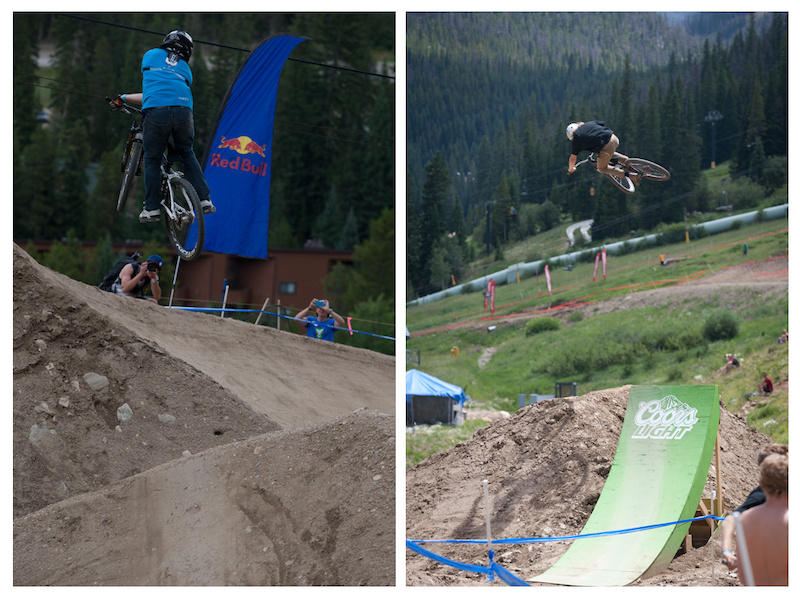 Greg Watts left with a one footed x-up over the berm to berm while Kelsey Hoog right shows everyone how to boost.