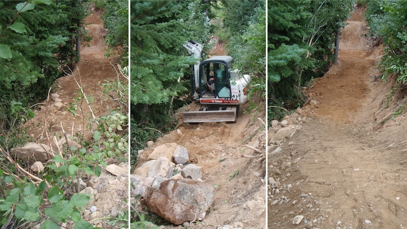 Creating an entrance off the 10 Road onto the new reroute. Another section of trail above this will be built in the future. That will allow for the momentum required to get up to speed for this section.