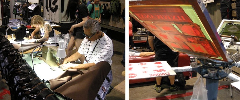 Chrome Bags brought its factory to Interbike. Workers were stitching bags together for al to see. The silk Screen press right was also cranking out garments.