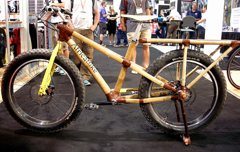 Calfee is a name synonymous with alternative materials and construction methods. The latest project is Africa Bike - a bamboo frame joined with fibers harvested from ficus tree bark relatives of figs . The raw fibers are mixed with epoxy resin and wrapped around the bamboo and various metal bits to join the frame.