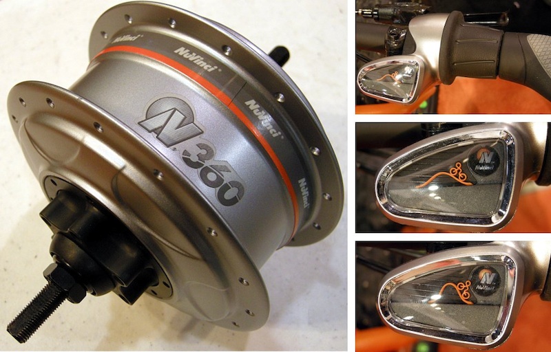 Nuvinci s 360 CVT hub is disc brake compatible and can be driven by chains or belts. The twist shifter left can be operated when the vehicle is stopped. The shift indicator graphic is quite original.