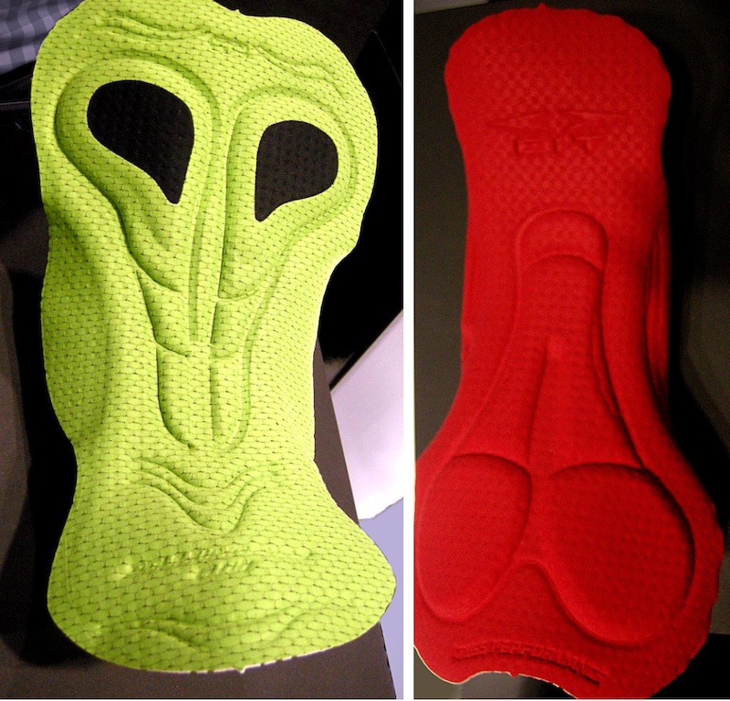 My psychologist showed me these pictures and asked me to look closely for any imagery that came to mind. Well I said. That green feller is an MTB Carbonium Chamois pad for men and that little red guy I think he s a road racer. Elastic Interface makes em - they are the best.