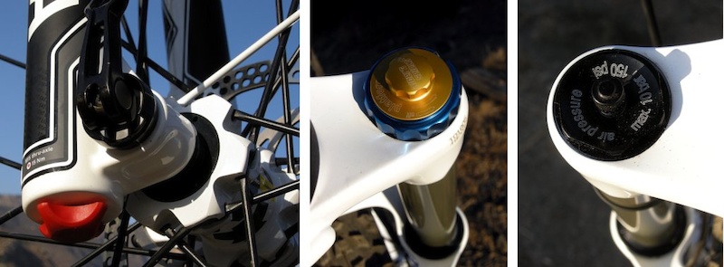 Magura TS8 R150 fork rebound dial and Maxle Lite 15mm through axle. Albert Select adjustable platform system. Air spring valve cap.