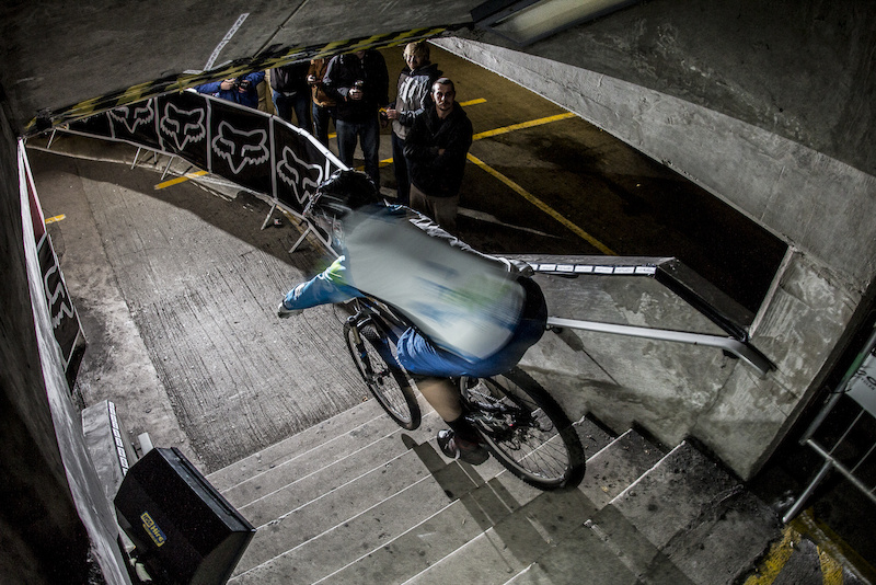 First run down Flat out geting as low as possible during Evans Cycles Urban Dual at NCP Multstory Car Park Cardiff Wales United Kingdom. 28October 2012 Photo Charles Robertson