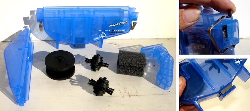 Park Tool Cyclone Chain Scrubber can be disassembled. The stainless steel clasp and the powerful magnet that traps metal chips.