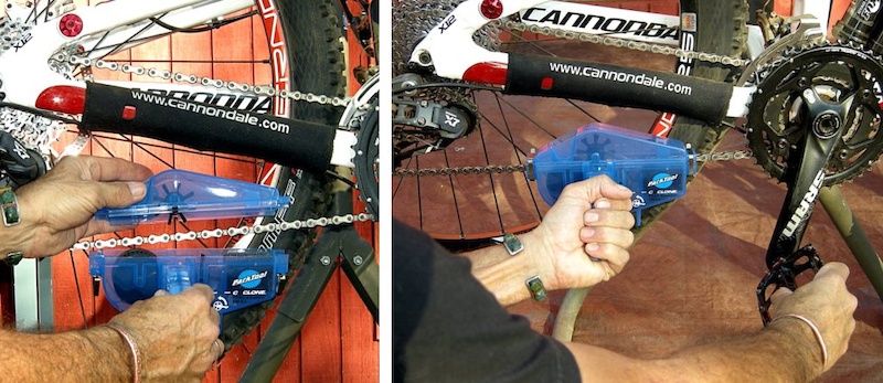 Park Tool Cyclone Chain Scrubber Close halves and pedal cranks to clean chain.