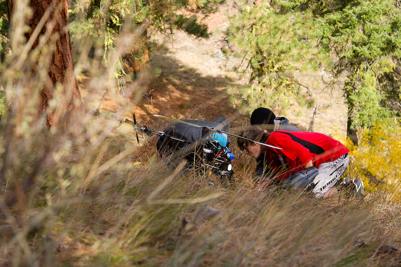 Checking the shot on the brand new Sony FS700 thats rigged to the bottom of the helicopter
