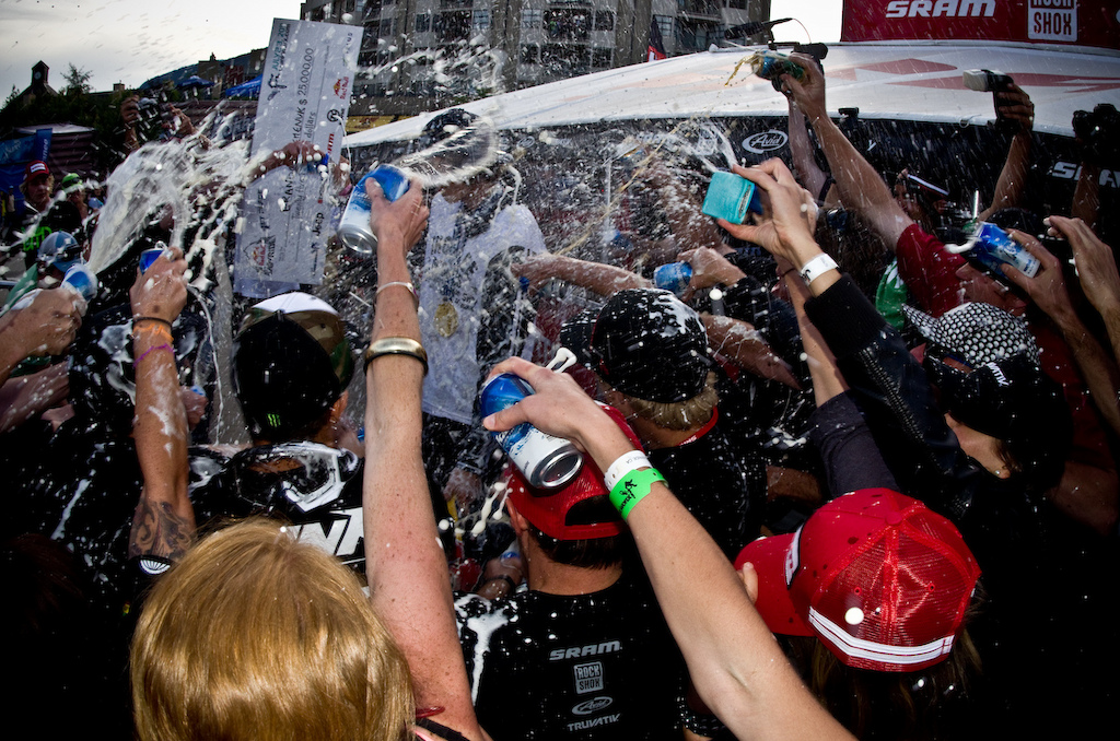 The SRAM family is one of the biggest and best when it comes to celebrating. It took four cases of beer to soak down the winner of the day. winning is the best Tyler Morland
