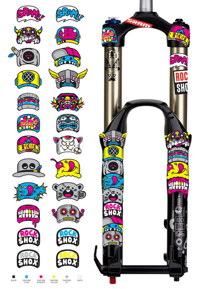 Using same color ways as stock stickers here is a selection of modular stackable pieces for rider to create their own custom totem.