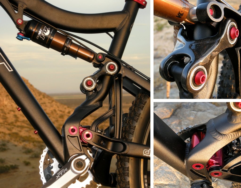 Mach 5.7 Suspension Details Pivot s configuration of the dw-link suspension imposed some engineering challenges. The carbon fiber upper link wraps around the seat tube to capture the swingarm in exactly the right spot while the lower link is enshrouded by a hollow two-piece aluminum forging that forms a rigid support for both suspension and pedaling forces in the bottom bracket area.