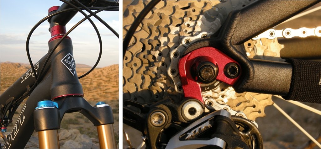 Pivot machines the Mach 5.7 s tapered head tube to better support the bearings and minimize weight. A close-up of the rear dropout reveals the DT Swiss 10-millimeter through-axle quick release and Pivot s super-strong rear derailleur hanger.