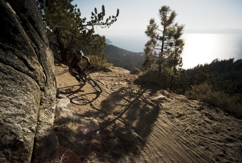 At 1645 ft deep Lake Tahoe is the USA s second deepest lake. The Flume trail finishes at its edge just right for a post ride cool down. Photo by Dan Milner.