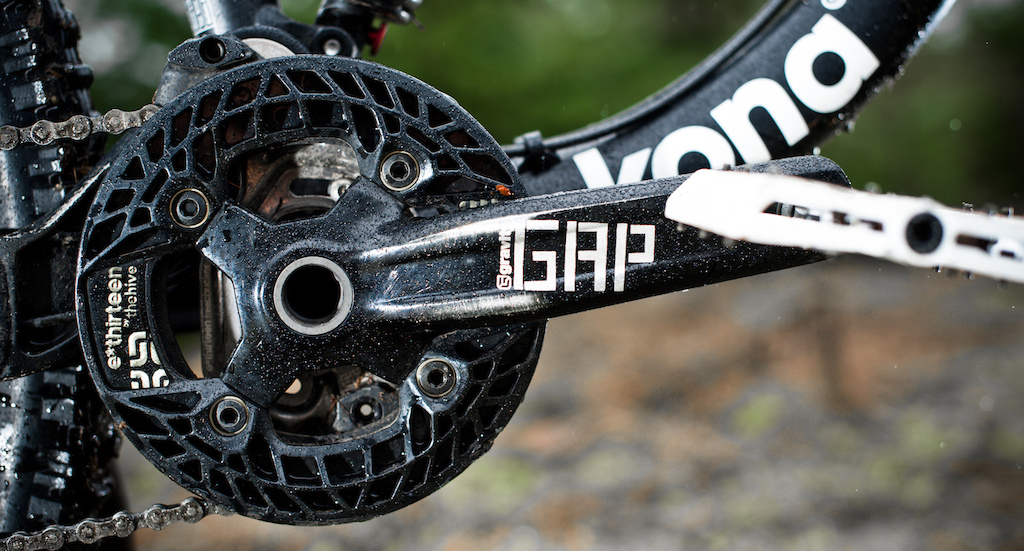 Kona Entourage Gap crankset and e-thirteen guide.