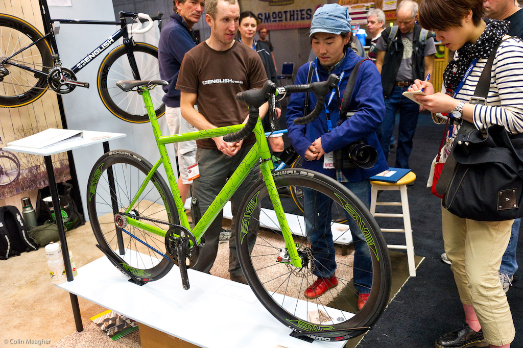 one sided English hipster fixie type bike with Enve components. Note the lack of left hand fork leg and stays?