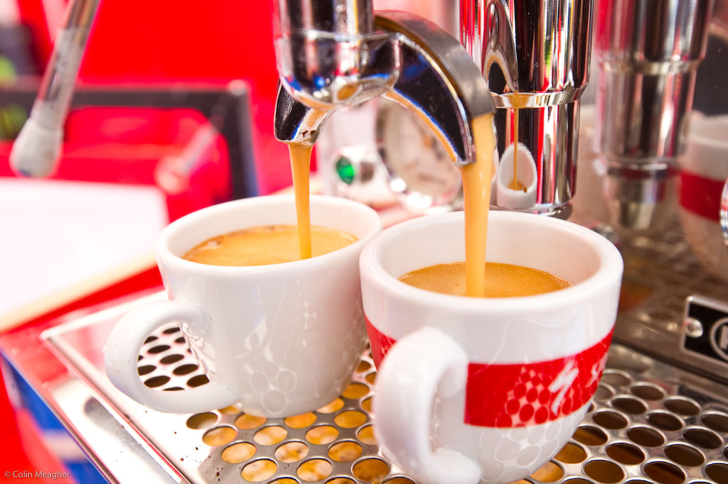 The competition in the pits for the best cup of coffee won t be heating up until Val di Sole. My call is that the espresso pulled off of the new Specialized Factory Racing rig will take the win. But SRAM is rumored to be throwing down on a burr grinder and a new Italian machine.