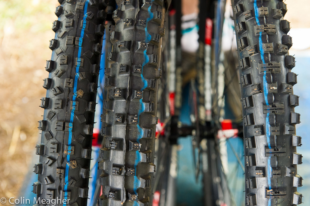 Danny Hart s mechanic had this selection of Schwalbe tires in case the looming clouds again drenched the track Vertstar Hans Dampf Dirty Dan full spike and a Muddy Mary in case it got wet but not drenched.
