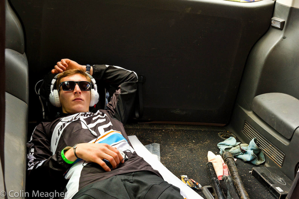 Pre-race chill down takes many forms. Some like Patick Thome of Lapierre International find a quiet spot and chill.