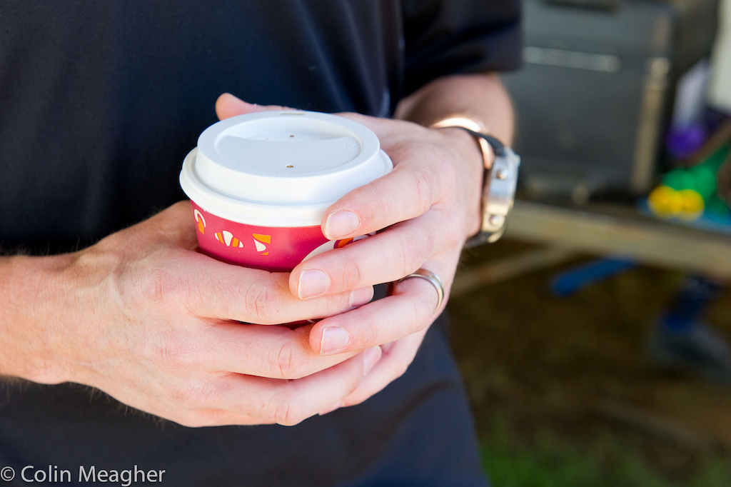 Mark Fitzsimmons relishes his ability to enjoy the luxury of a cup of coffee in the Fox Racing Shox Pit race day morning at the Pietermaritzburg UCI World Cup DH