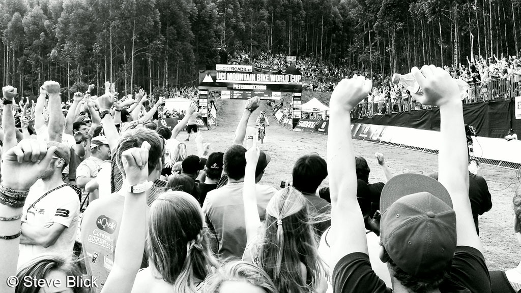 Greg Minnaar crosses the finish line at the Pietermaritzburg UCI World Cup DH as shot by Steve Blick