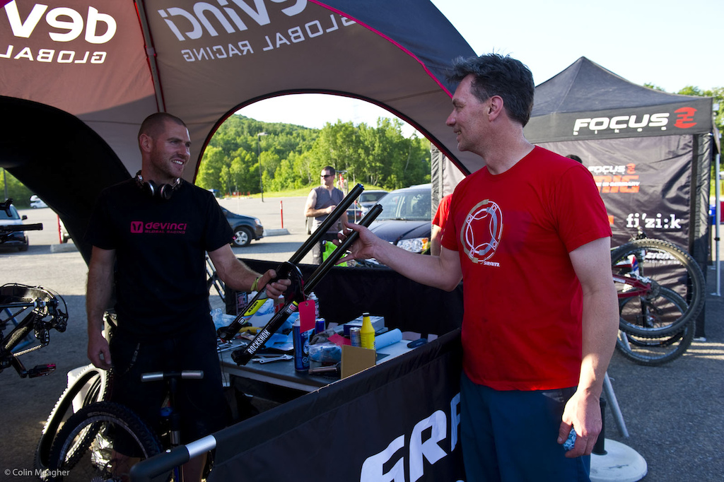 Delivery to Devincy by Shawn Crookshanks of SRAM... Guaranteed winner with this fork... If only it were that simple.