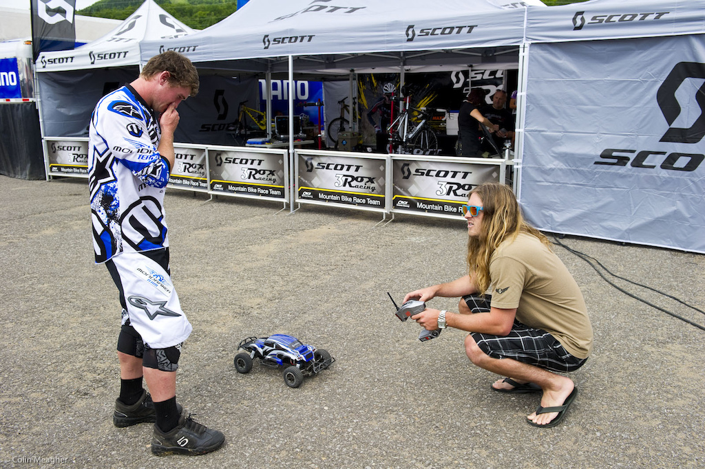 Davis Brody and Brooke MacDonald talkiing over the ever critical pit RC suspension.