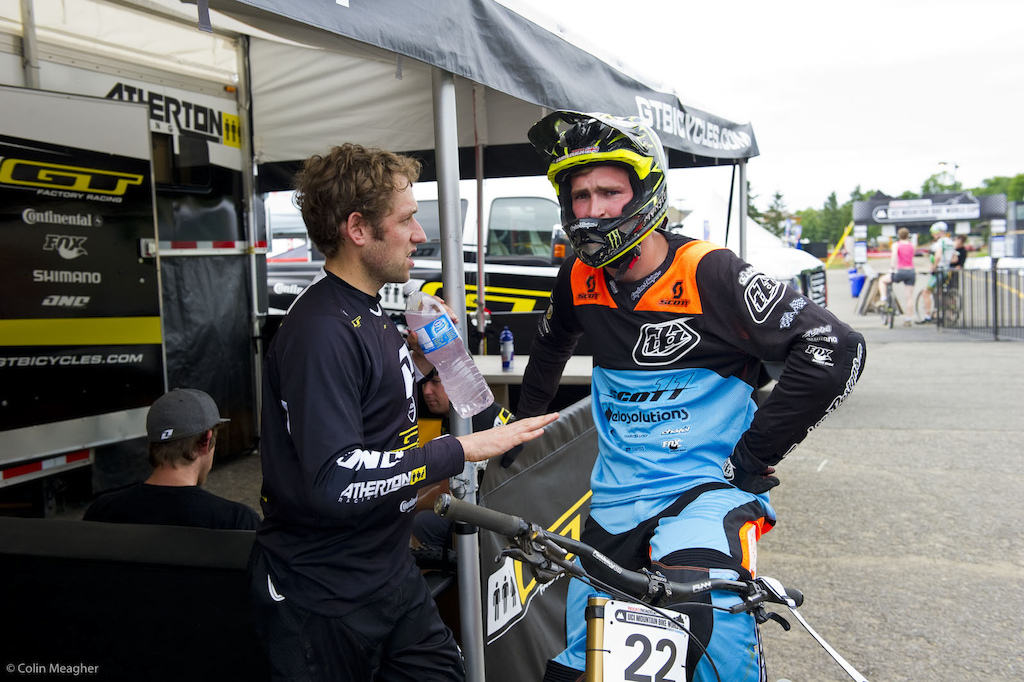 Same thing as always line choice line choice line choice. Day one is full of riders comparing notes. Slugger and Bren-dog may ride for separate teams but that doesn t prevent conversation in the pits.